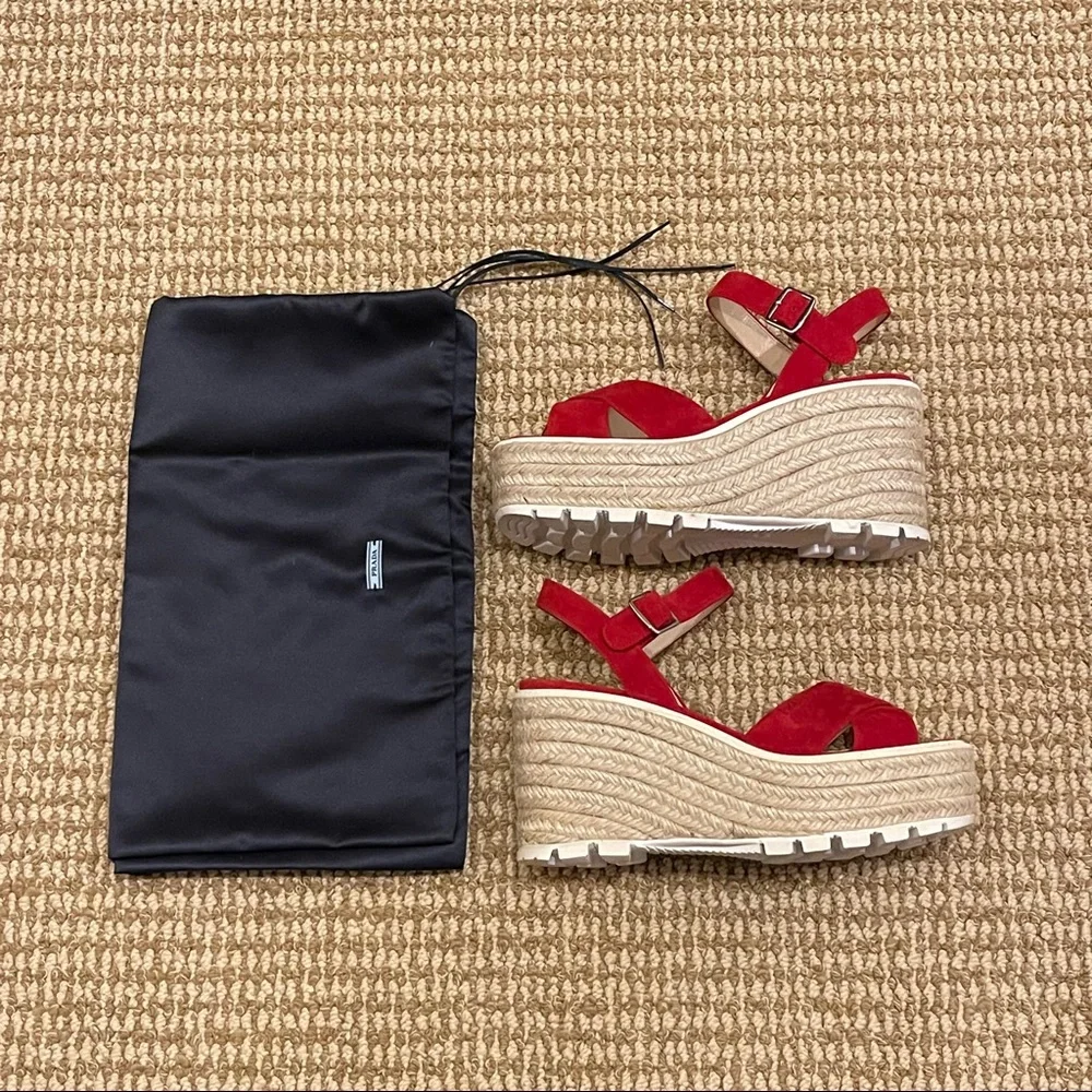 Prada Red Suede Espadrille Platform Sandals - Picture 10 of 11